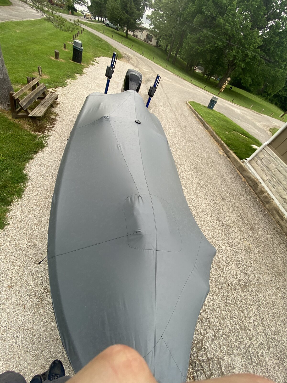 Close-up of a snug custom boat cover at the bow