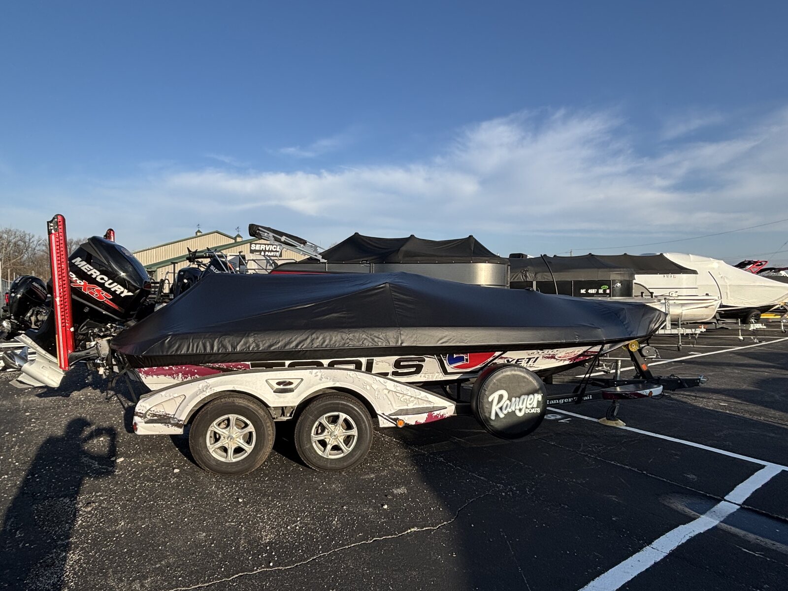Black fitted cover on a Ranger bass boat outdoors
